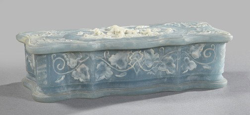 Blue and White Composition Glove Box: Translucent Blue and White Composition Glove Box, with serpentine edges and featuring "Galatea and Frolicking Water Sprites" on the lid, the body decorated with white relief ivy vines, h. 3-1/4", w. 1