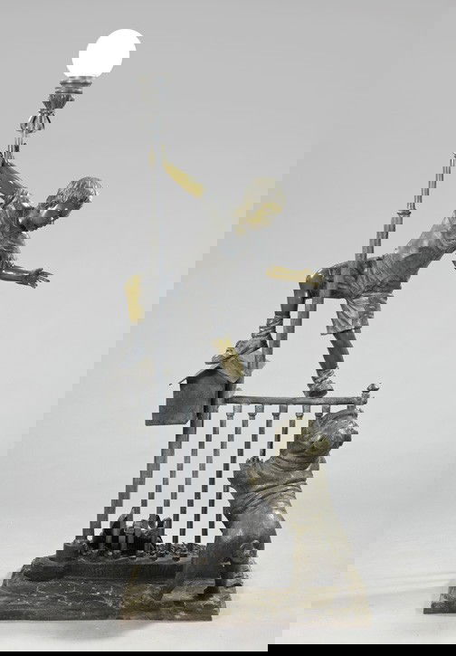 Manner of Jane DeDecker (Contemporary),: Manner of Jane DeDecker (Contemporary), a monumental patinated bronze garden sculpture of a boy trying to escape from a bulldog, signed at the base "Jim Davidson", h. 80", w. 38", d. 28".