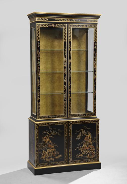 Drexel Heritage Black-Lacquered Chinoiserie Vitrin: Drexel Heritage Black-Lacquered Chinoiserie Vitrine, the molded cornice over a case fitted with two glazed doors above a pair of Chinese village landscape-painted doors, raised on a plinth base, h. 80