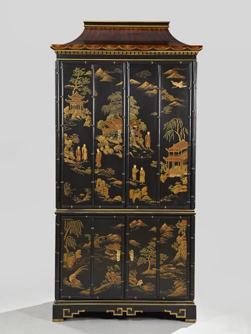 Drexel Heritage Faux-Bamboo Television Cabinet: Drexel Heritage Lacquered Faux-Bamboo Television Cabinet, in the Chinese taste, the pagoda crest over a dentillated frieze above two "Scholars in a Landscape"-painted doors, the lower case fitted with