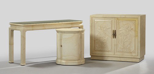 Drexel Heritage Living Room Suite: Three-Piece Drexel Heritage Cream-Lacquered Living Room Suite, consisting of a side table, h. 28-1/2", w. 54", d. 16", a cabinet, h. 32-1/4", w. 36", d. 18", and a sofa table, 23-1/2", w. 20-1/4", d. 