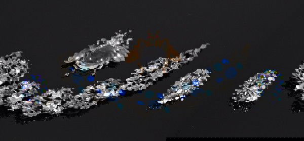 Group of Three Pieces of Costume Jewelry,: Group of Three Pieces of Costume Jewelry, comprised of a gold-tone bee pin with crystal body, a pair of blue aurora crystal screw-back earrings and a Lisner crystal-mounted foliate link bracelet.