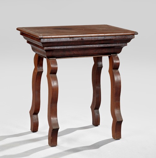 American Late Classical Mahogany Work Table: Unusual American Late Classical Mahogany Work Table, second quarter 19th century, the rectangular hinged top opening to a void cavity, possibly as a dry sink, and raised on scroll-cut legs, h. 29", w.