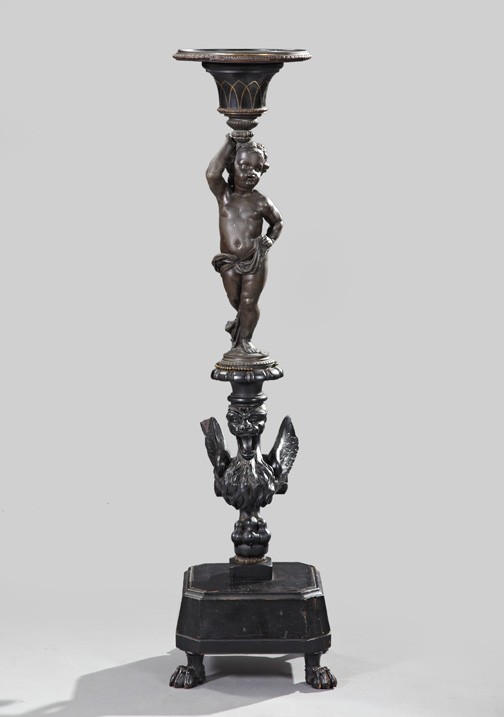 Italian Spelter Putto Candelabrum Stand,: Italian Spelter Putto Candelabrum Stand, fourth quarter 19th century, of tall size in the Venetian style, composed of gilt-brass-mounted carved ebonized wood and bronze-patinated spelter, the bronze-p