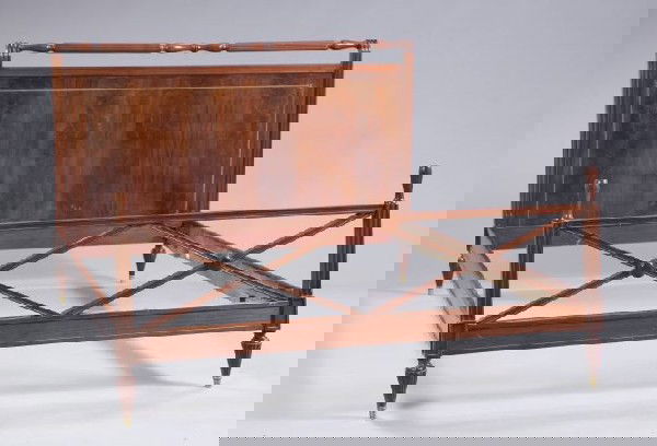 American Brass-Inlaid Figured Mahogany Bedstead: American Brass-Inlaid Figured Mahogany Bedstead, early 20th century, in the manner of Duncan Phyfe, New York, the headboard with a turned and reeded crest rail above a paneled frame with brass-inlaid