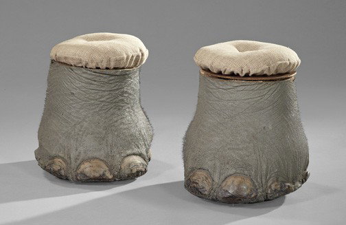 Large Pair of Footstools,: Large Pair of Footstools, each formed of a taxidermy elephant foot and topped by a circular upholstered loose cushion, h. 19", dia. 15".