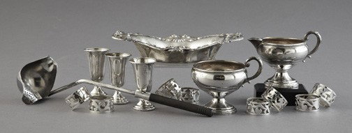 Sterling and .800-Standard Silver Tablewares: Fifteen-Piece Collection of Sterling and .800-Standard Silver Tablewares, comprised of a set of eight Taxco pierced and sterling annular napkin rings; a trio of National Silver weighted sterling lique