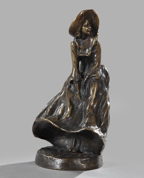 English Patinated Bronze Figure of "A Windy Day": English Patinated Bronze Figure of "A Windy Day", first quarter 20th century, featuring a country lass in a large hat, her long skirts blown upward by the wind, h. 10-1/2".