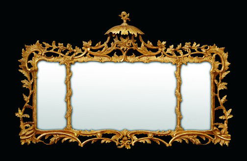 Fine Carved Giltwood Tripartite Looking Glass: Fine Carved Giltwood Tripartite Looking Glass, third quarter 19th century, in the manner of Thomas Chippendale, the frame with branch and vine motifs and having a central hooded cartouche above a flor