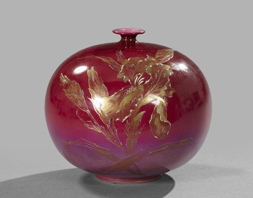 Good Royal Bonn Pottery Spherical Garniture Vase: Good Royal Bonn Pottery Spherical Garniture Vase, fourth quarter 19th century, of ruby ground with deux-color-gilded floral decoration, the base fully marked and numbered, h. 7", dia. 7".