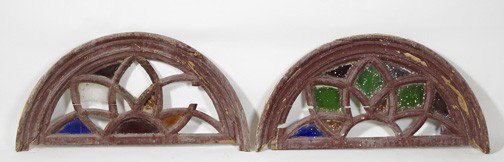 Suite of Three Painted Wooden Door Transoms,: Suite of Three Painted Wooden Door Transoms, each of arched, interlacing form and fitted with various colored and patterned glass panels, some of which are missing, h. 26", w. 51".