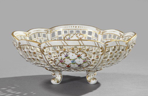Carl Thieme, Potschappel, Porcelain Footed Bowl: Carl Thieme, Potschappel, Porcelain Footed Fruit Bowl, first quarter 20th century, highly reticulated and richly gilded in the Dresden style, the cavetto with an elaborately painted monogram of entwin
