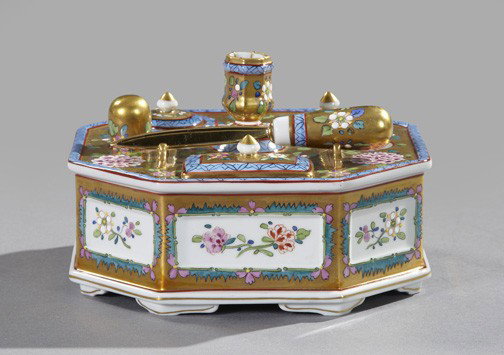 Carl Thieme, Potschappel, Porcelain Standish: Elegant Eight-Piece Carl Thieme, Potschappel, Porcelain Standish, first quarter 20th century, of octagonal form in the 18th-century Chantilly style, the base centered with a candlesocket enframed by a