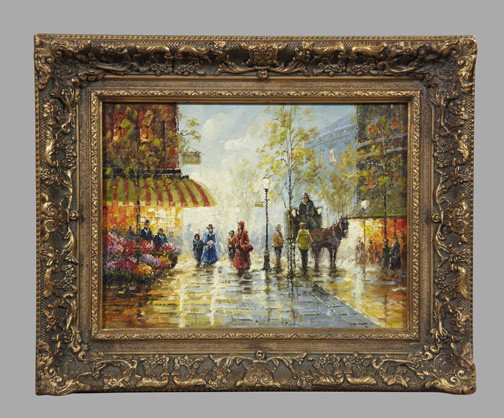 Manner of Edouard Cortes (French, 1882-1969): Manner of Edouard Cortes (French, 1882-1969) "Winter Evening Street Scene", oil on panel, unsigned, 20th/21st century, 11-1/2" x 16". Presented in a giltwood and gesso frame.