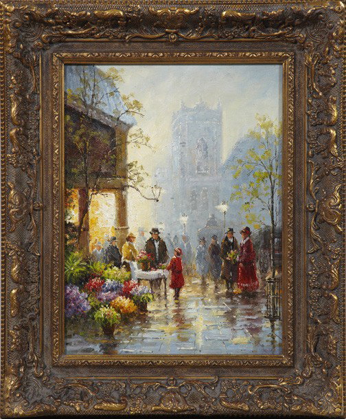 Manner of Edouard Cortes (French, 1882-1969): Manner of Edouard Cortes (French, 1882-1969) "Parisian Street Scene with a Flower Vendor", oil on panel, unsigned, 20th/21st century, 16" x 12". Presented in a Regence-style giltwood and gesso frame.