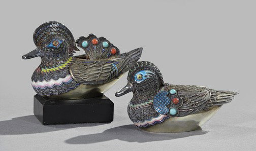 Chinese Gilt Silver, Enamel and Stone Boxes: Pair of Chinese Gilt Silver, Enamel and Stone Duck-Form Boxes, ca. 1960, in the form of a pair of Mandarin ducks, each highlighted with enamel decoration and set with faux coral and turquoise cabochon