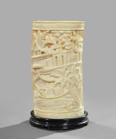 Chinese Carved Openwork Ivory Brush Pot,: Chinese Carved Openwork Ivory Brush Pot, now electrified as a lamp, the pot conforming to the shape of the tusk section, carved in low relief with pierced areas with scenes of southern China with boat