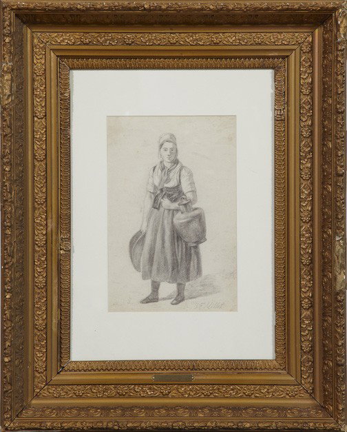 Manner of Jean-Francois Millet (French, 1814-1875): Manner of Jean-Francois Millet (French, 1814-1875) "Study of a Milkmaid", graphite on paper, signed lower right "J. F. Millet", sight 11-1/4" x 7-1/2". Glazed, matted and presented in a giltwood and g