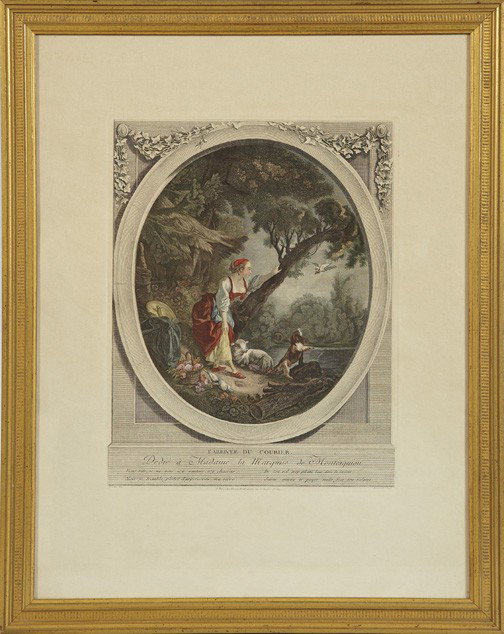 After Francois Boucher (French, 1703-1770): After Francois Boucher (French, 1703-1770) "Le Depart du Courier" and "L'Arrivee du Courier", pair of hand-colored engravings, dedicated to Madame Marquise Montesquiou, engraved by Baumarlet, sight 25