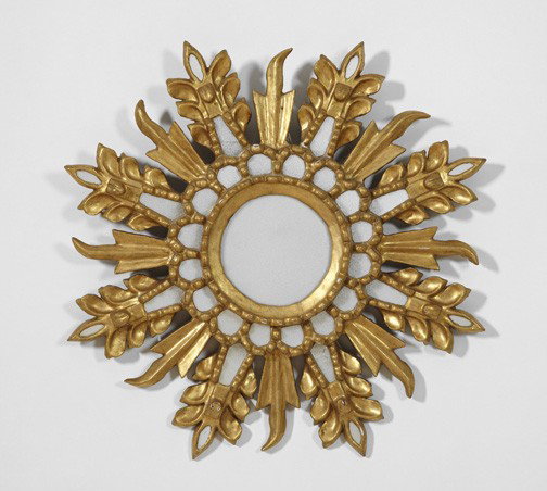 Spanish Colonial Glass-Set Giltwood Mirror: Spanish Colonial Carved and Mirrored Glass-Set Giltwood Looking Glass, second quarter 20th century, of sunburst form in the 18th-century style, modeled as alternating mirrored glass-set stylized palme
