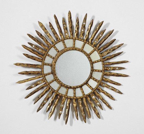 Italian Giltwood Mirror: Italian Carved and Mirrored Glass-Set Giltwood Looking Glass, second quarter 20th century, of sunburst form in the Directoire style, modeled as paired chip-carved giltwood flames alternating with mirr