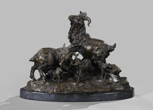 Circle of Isidore-Jules Bonheur (French, 1827-1901: Circle of Isidore-Jules Bonheur (French, 1827-1901), a patinated bronze animalier group of a family of goats standing on a crag, fourth quarter 19th century, presented on a navette-form base of satin-