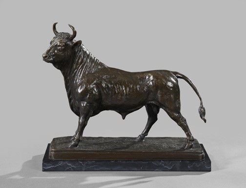 Circle of Isidore-Jules Bonheur (French, 1827-1901: Circle of Isidore-Jules Bonheur (French, 1827-1901), a large patinated bronze figure of a prize bull, fourth quarter 19th century, presented on a satin-polished Grand Antique marble base of oblong for