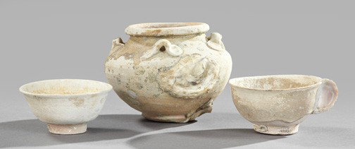Collection of Ancient Shipwreck Pottery Vessels: Three-Piece Collection of Recovered Ancient Shipwreck Unglazed Pottery Vessels, comprised of a Han Dynasty (206 B.C.-220 A.D.) four-handled globular jar, h. 4", dia. 5-1/4"; and two Thai Sawankhalok p