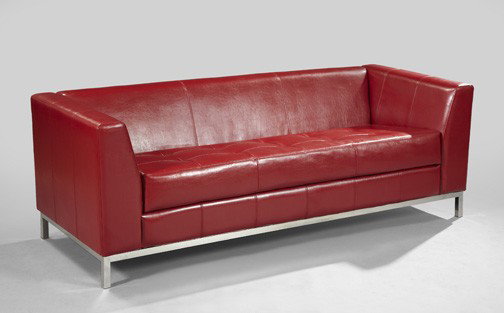 Contemporary Steel and Red Leather Sofa,: Contemporary Steel and Red Leather Sofa, the rectangular padded back joined to the tufted seat by closed arms, raised on square legs, h. 28", w. 81", d. 31".