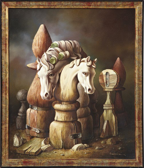Vito Campanella (Italian/Argentinian, b. 1932): Vito Campanella (Italian/Argentinian, b. 1932) "Ajedrez", oil on canvas, signed lower right "V. Campanella", signed and titled verso, 22" x 18". Presented in a giltwood and polychromed frame.
