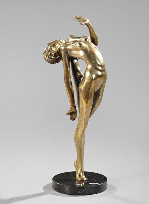 Tom and Bob Bennett (American, 20th Century): Tom and Bob Bennett (American, 20th Century) "Dancer Sculpture", polished bronze, presented on a polished Grand Antique marble base of disc form, h. 15-1/2", dia. 5".