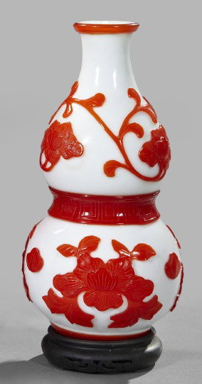 Peking Orange-Over-White Cameo Glass Vase: Good Peking Orange-Over-White Cameo Glass Vase, first quarter 20th century, of double-gourd form, presented on a Chinese turned hardwood display stand, h. 9", dia. 4-1/2".