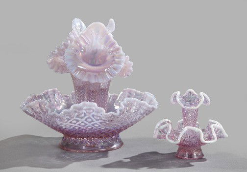 Fenton Art Glass Iridescent Lilac Glass Epergnes: Two Fenton Art Glass Iridescent Lilac Glass Epergnes, late 20th century, consisting of a large example with three "Jack-in-the Pulpit" stems, h. 9", and a smaller epergne with a single stem, h. 4-1/2"