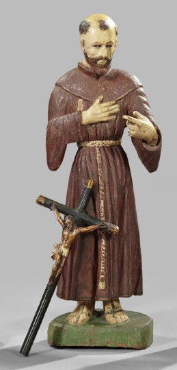 Spanish Colonial Wooden Figures: Two Spanish Colonial Carved and Polychromed Wooden Figures, second quarter 19th century, consisting of an unusually large parcel-gilt wooden figure of a robed St. Francis of Assisi, fitted with glass