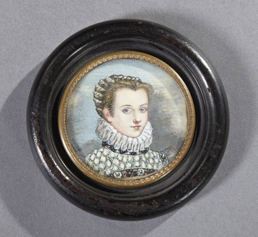 Continental Circular Portrait Miniature,: Continental Circular Portrait Miniature, fourth quarter 19th century, depicting a young 16th-century gentlewoman in a ruff, signed lower left "Marilli", presented in a circular ebonized wood frame wit