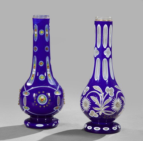 Group of Bohemian Overlay Glass Vases: Two-Piece Group of Bohemian Overlay Glass Vases, comprised of a royal blue-over-white-over clear cut overlay glass long-neck garniture vase in stylized floral decor, third quarter 19th century; and a 