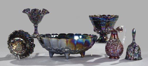 Collection of Iridescent Purple Carnival Glass: Six-Piece Collection of Iridescent Purple Carnival Glass, late 20th century, consisting of a "Strawberry"-stamped dinner bell; a Fenton "Vintage"-stamped candy dish; a "Cherry"-stamped footed compote;
