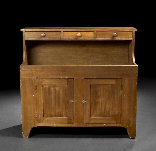 Vernacular American Poplar Dry Sink,: Vernacular American Poplar Dry Sink, second quarter 19th century, Pennsylvania, the top with a band of three drawers over a shallow basin, the case with a pair of paneled doors, raised on bracket feet
