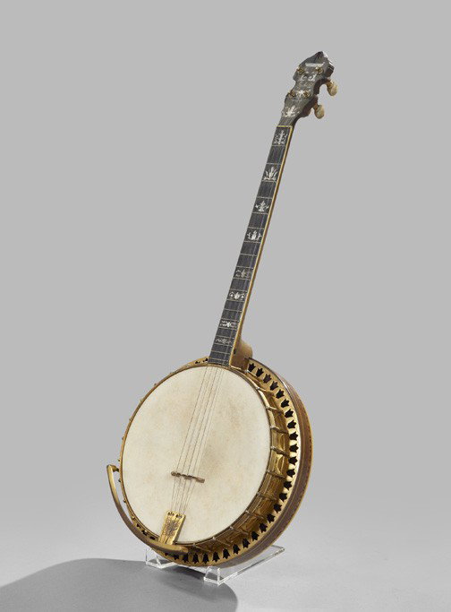 Ludwig Mother-of-Pearl-Inlaid Banjo: Good Ludwig Mother-of-Pearl-Inlaid and Brass-Mounted Banjo, with a leather case lined in zippered teal velvet, the exterior case marked "3/Peppers/CR 2758" in gilt lettering, w. 13", d. 4-1/4", l. 33"