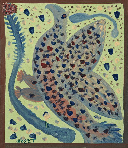 Mose Tolliver (American/Alabama, 1925-2006): Mose Tolliver (American/Alabama, 1925-2006) "Bird on a Flowering Branch", acrylic on panel, signed lower left "Mose T.", 16" x 14". Unframed.