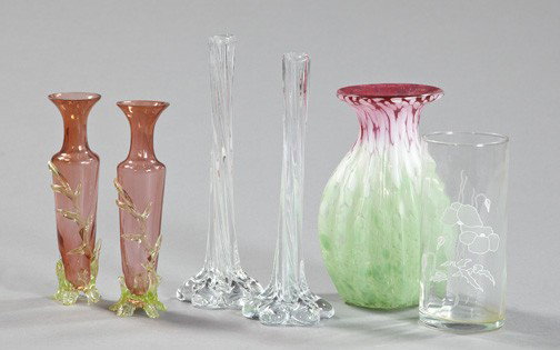 Six-Piece Assorted Group of Glassware,: Six-Piece Assorted Group of Glassware, consisting of a fine pair of Stevens and Williams, Stourbridge, "Rubina Verde" glass garniture vases, in the Japonesque taste, fourth quarter 19th century; a lar