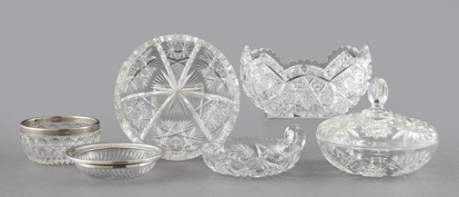 American Brilliant-Cut Glass Tableware: Opulent Six-Piece Collection of American Brilliant-Cut and Pressed Glass Tableware, comprised of a good elliptical banana bowl in "Interlaced Hobstars" decor; an attractive cut "Hobstar and Snowflake"