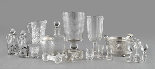 Collection of Blown, Cut and Pressed Glass: Varied Twenty-Piece Collection of Blown, Cut and Pressed Glass, comprised of an American floral-engraved "Horizontal Optic Rib" footed vase, second quarter 20th century; a Scandinavian engraved flat-s