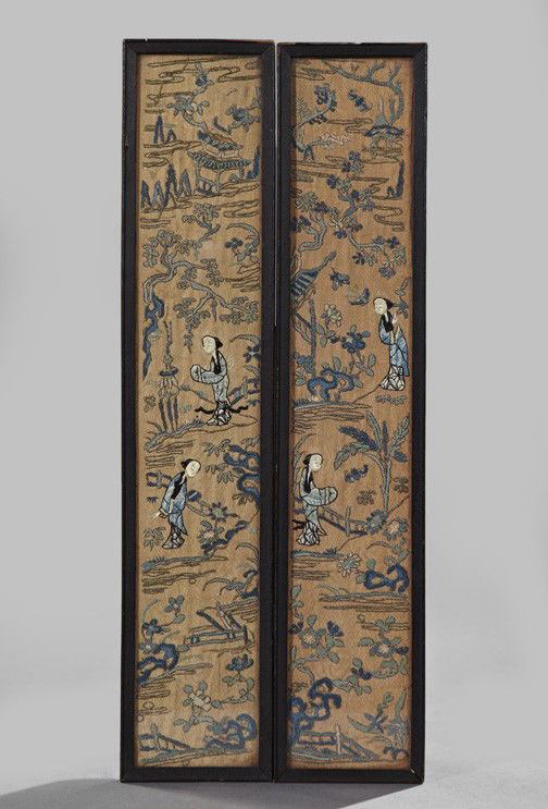 Pair of Kuang Hsu Embroidered Silk Robe Borders: Pair of Kuang Hsu Embroidered Silk Robe Borders, fourth quarter 19th century, now in English mahogany frames and glazed, the reverse with the printed paper labels of a London framer, each panel h. 20-
