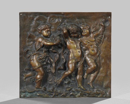 Large Patinated Relief Bronze Plaque,: Large Patinated Relief Bronze Plaque, fourth quarter 19th century, depicting a trio of gambling putti in the manner of Francois Boucher (1703-1773), h. 13", w. 13-3/4".