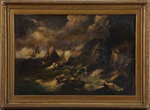 Continental School (Third Quarter 19th Century): Continental School (Third Quarter 19th Century) "Ships on a Stormy Sea", oil on board, unsigned, 20" x 30". Presented in a Beaux Arts giltwood and gesso frame.