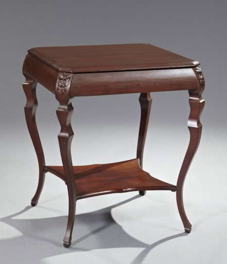 American Late Victorian Mahogany Table: American Late Victorian Mahogany-Stained Birch Occasional Table, first quarter 20th century, the square top with canted corners, above a conforming apron, raised on carved cabriole-like legs, each hea