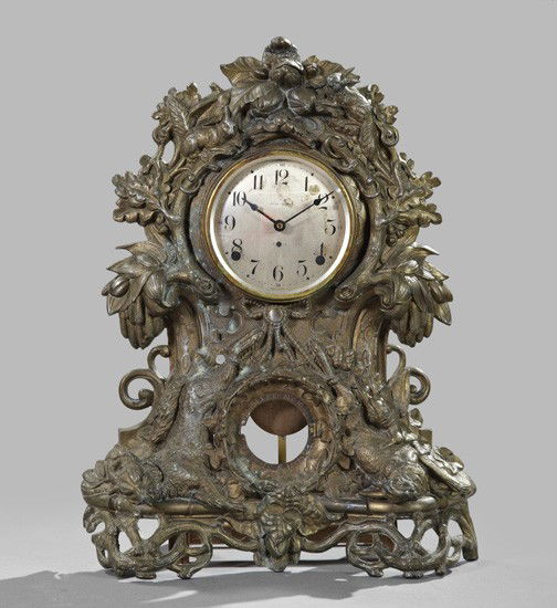 Seth Thomas Cast-Iron Mantel Clock: Seth Thomas Bronze-Patinated Cast-Iron Mantel Clock, fourth quarter 19th century, in the Schwarzwald taste, the case with multiple oak-acorn branches populated with dead game, the silvered brass dial