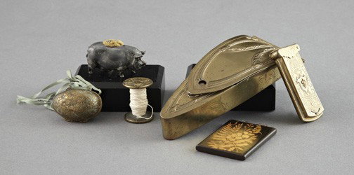 Antique Sewing and Embroidery Accessories: Interesting Six-Piece Collection of Antique Sewing and Embroidery Accessories, comprised of a Russian brass oviform thimble case-on-cord, with a fitted interior containing the period thimble; a Contin