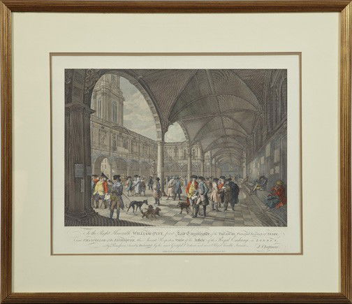 Francesco Bartolozzi (Italian, 1727-1815): Francesco Bartolozzi (Italian, 1727-1815) "View of the Inside of the Royal Exchange in London with Honorable William Pitt, First Lord Commissioner of the Treasury, Principal Secretary of State and Cha